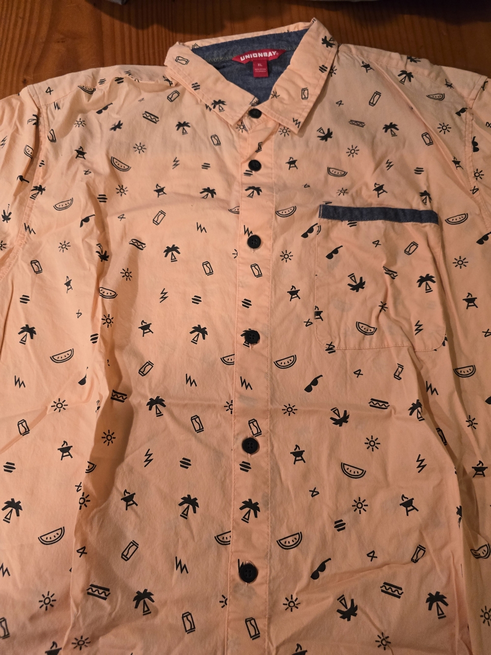 UNIONBAY Peach Short-Sleeve Button-Down Shirt with Black Print Accents